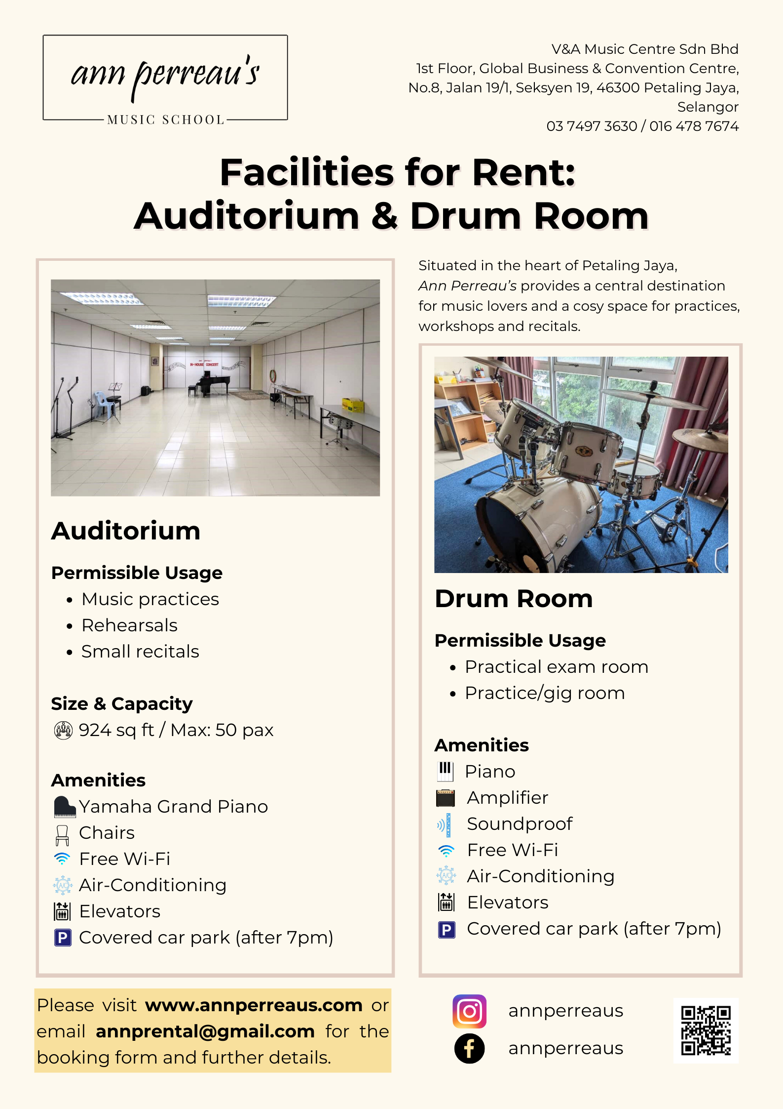 Permissible usage of Ann Perreau's rental auditorium and drum room